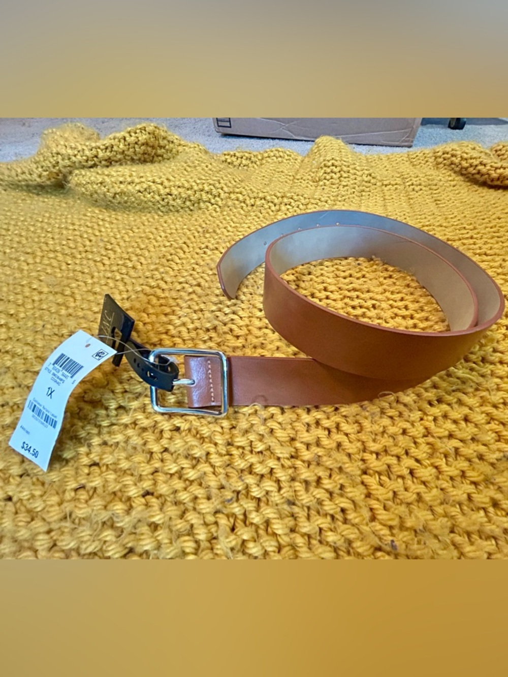 INC International Concepts Cognac Leather Belt with Silver Buckle  1X NWT